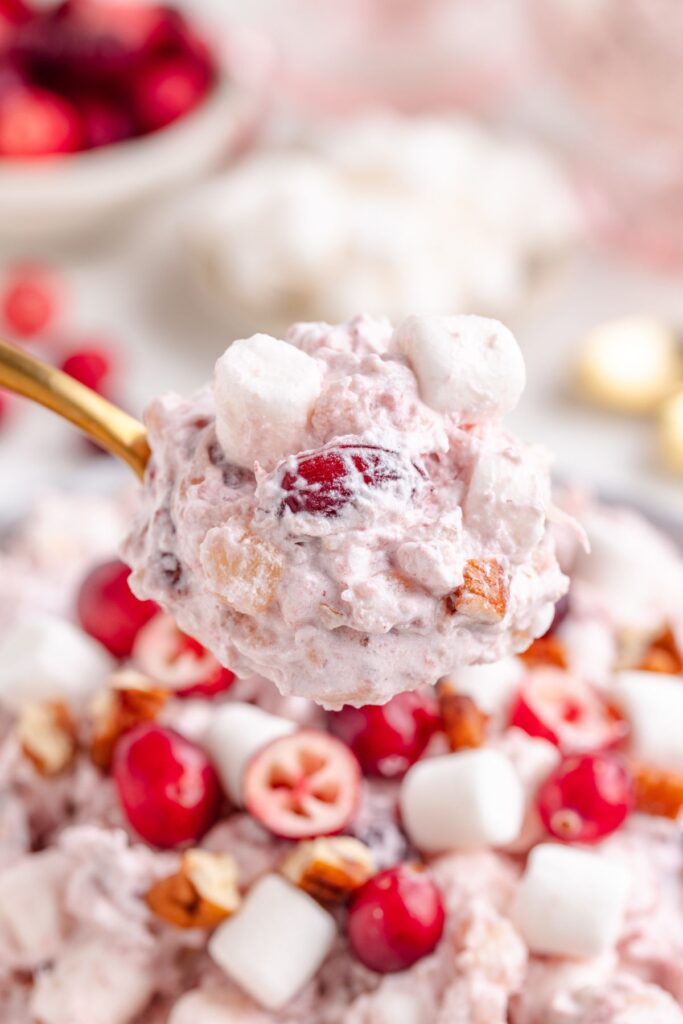 A spoonful of creamy cranberry fluff salad, featuring whipped topping, cranberries, and mini marshmallows.