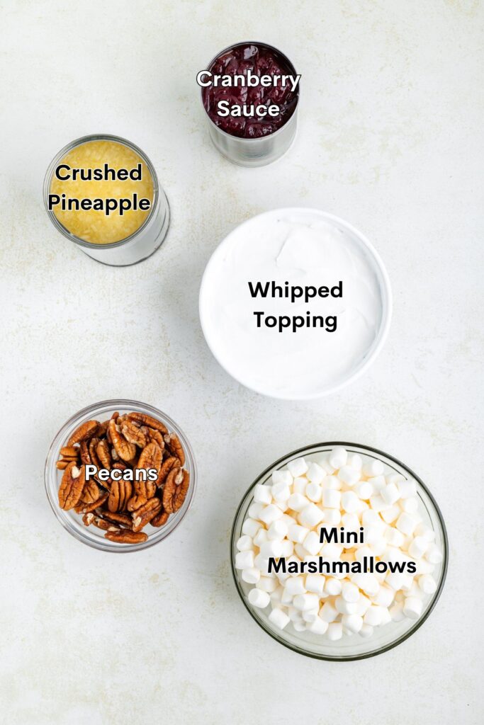 Five bowls containing different ingredients are arranged on a light surface. The bowls hold crushed pineapple, cranberry sauce, whipped topping, pecans, and mini marshmallows, each labeled with text.