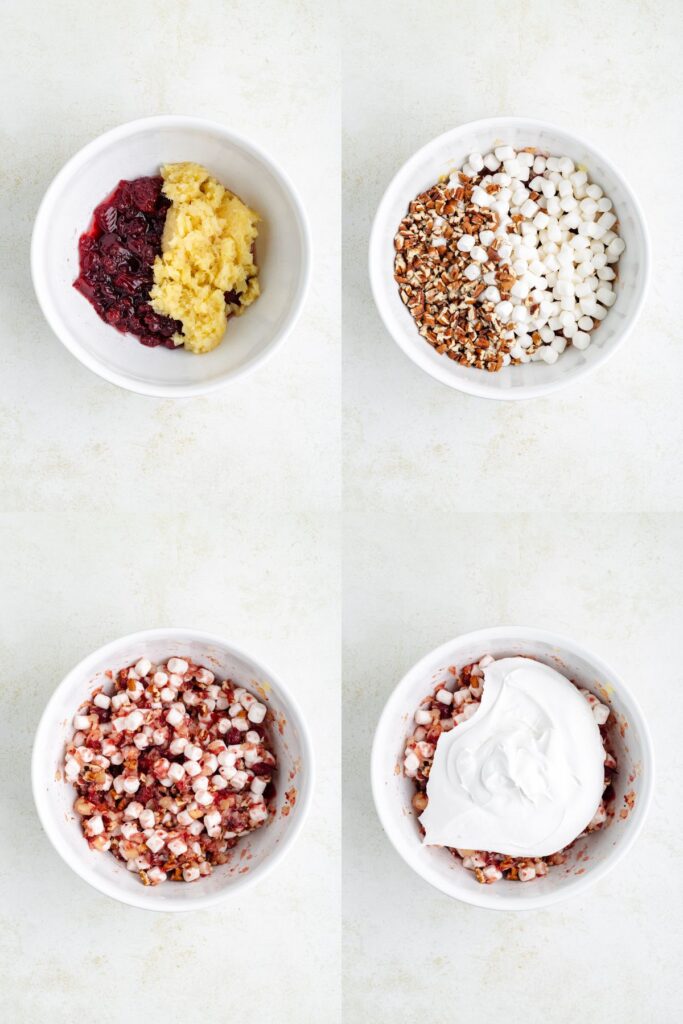 Four overhead images of a bowl: 1) pineapple and cranberry sauce mix, 2) chopped nuts and mini marshmallows, 3) combined mix of all ingredients, 4) topped with whipped topping. All bowls are on a light background.