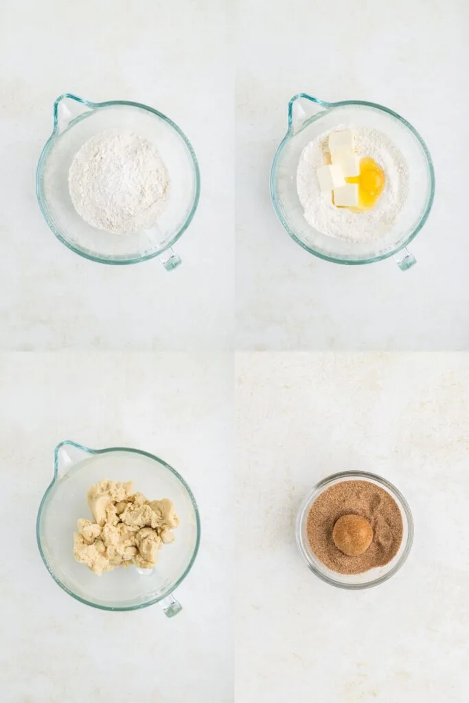 Four-step process for making cookie dough: 1) Dry ingredients in a large bowl. 2) Added butter and an egg. 3) Mixed dough in the bowl. 4) A round cookie dough ball coated in a cinnamon-sugar mixture.