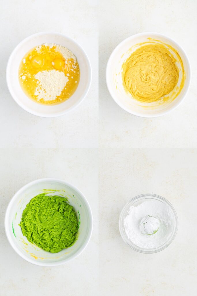 Process showing three steps to mix the green cake mix cookie dough and one step to roll the dough balls in powdered sugar.