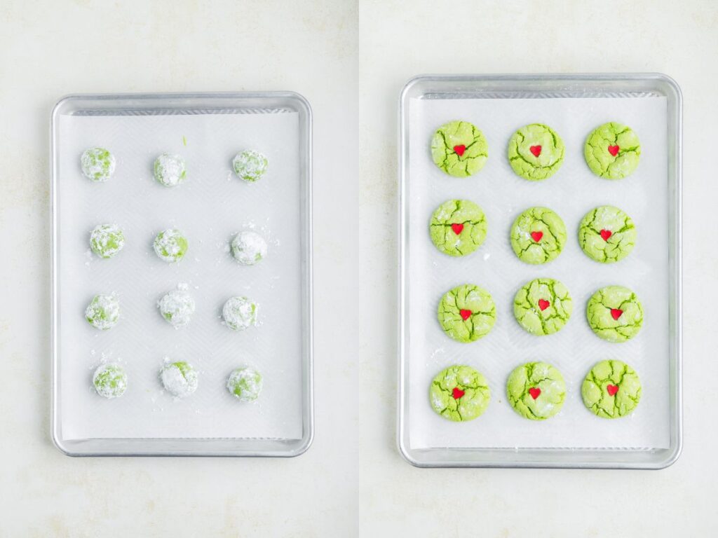 Collage showing unbaked cookies and baked cookies on a baking sheet.