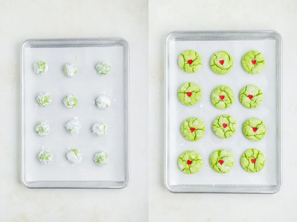 Collage showing unbaked cookies and baked cookies on a baking sheet.