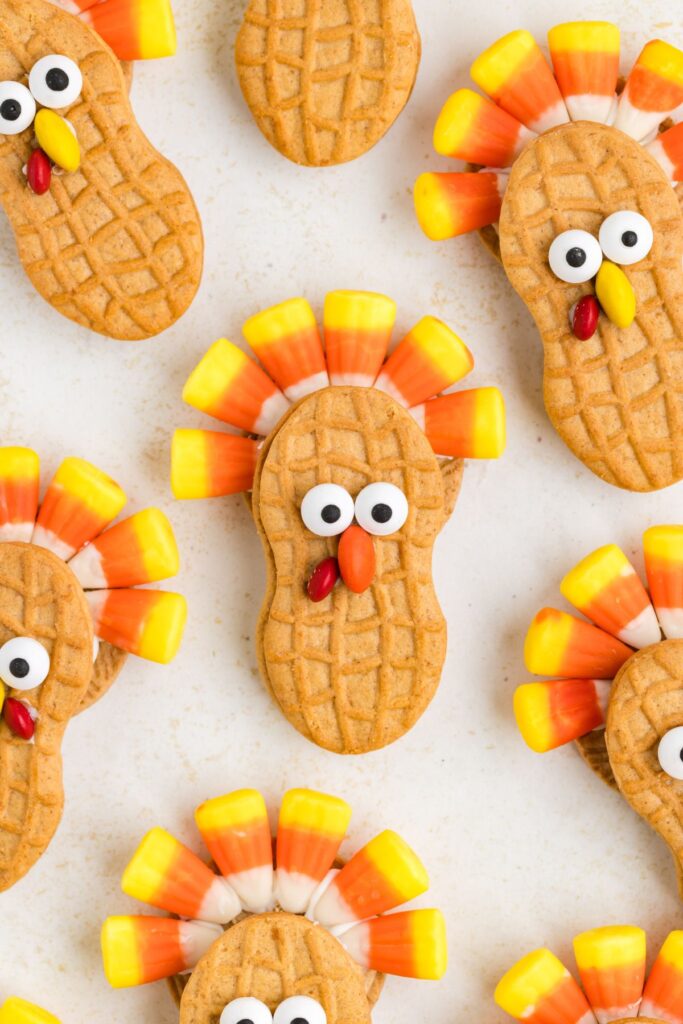 Nutter butter turkeys displayed on the counter.