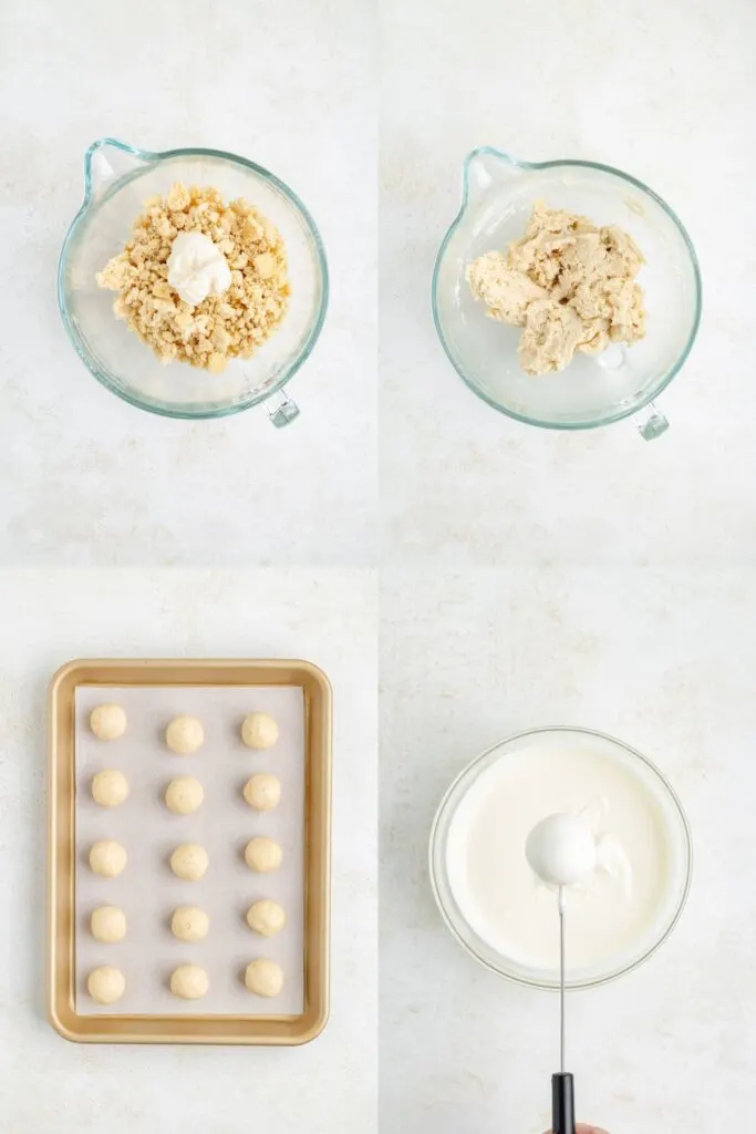 A four-step process: top left shows cookie crumbs and frosting in a bowl, top right shows mixed dough, bottom left displays round cookie balls on a baking sheet, and bottom right shows a fork dipping a ball into white chocolate.