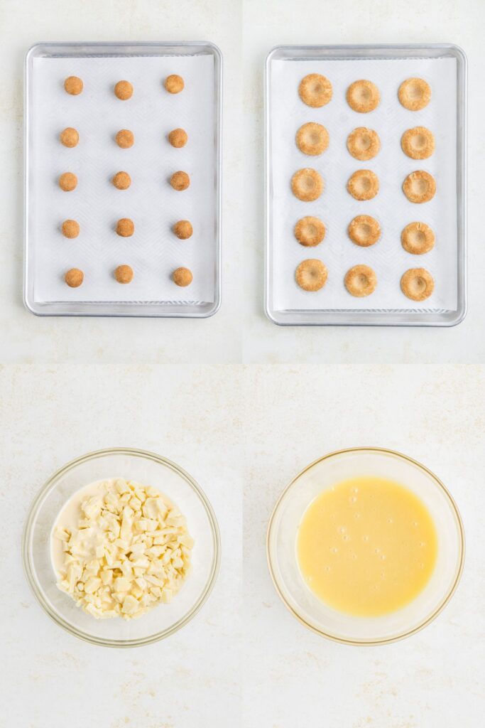 Four images show cookie baking stages: Top two images have dough balls and flattened cookies on lined baking sheets. Bottom two images have white chocolate chips and eggnog in a bowl and melted white chocolate in another bowl.