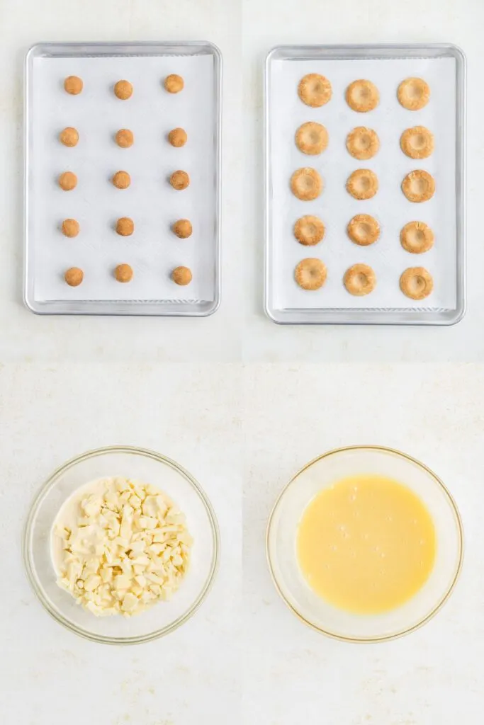 Four images show cookie baking stages: Top two images have dough balls and flattened cookies on lined baking sheets. Bottom two images have white chocolate chips and eggnog in a bowl and melted white chocolate in another bowl.