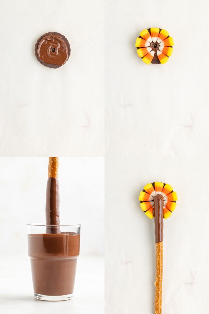 A four-step process showing a chocolate-dipped pretzel being decorated with candy corn. The steps include spreading chocolate on one end, adding candy corn in a circle, dipping the pretzel in chocolate, and the completed candy-corn topped pretzel.