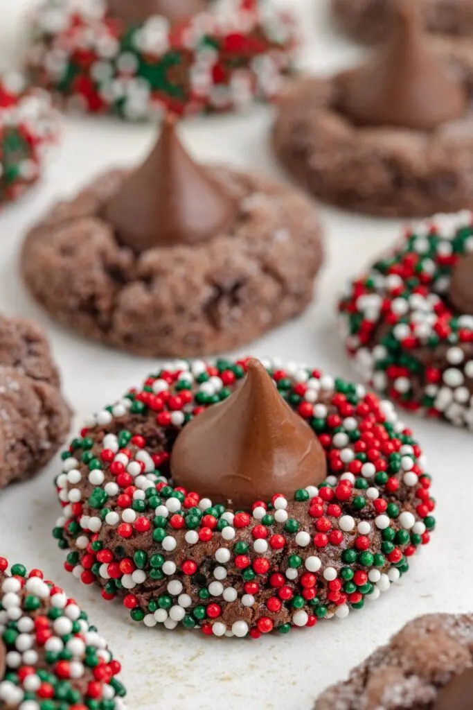 Chocolate cookies topped with chocolate kisses and coated in festive red, white, and green sprinkles are arranged on a table.