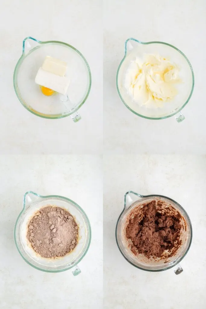 A four-step image series showing the process of making cream cheese cookie dough. Top left: butter, cream cheese, and an egg in a bowl. Top right: mixture creamed together. Bottom left: dry ingredients added. Bottom right: fully mixed chocolate dough.