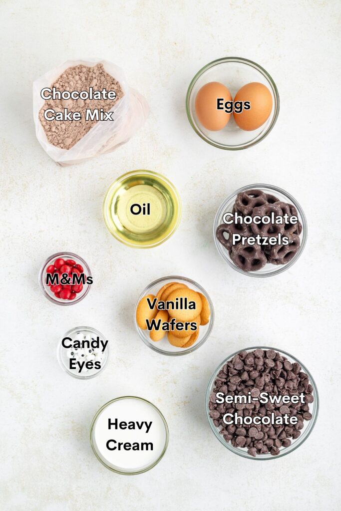 Top view of baking ingredients on a white surface, including chocolate cake mix, eggs, oil, chocolate pretzels, semi-sweet chocolate chips, vanilla wafers, candy eyes, M&Ms, and heavy cream, each labeled in separate containers.