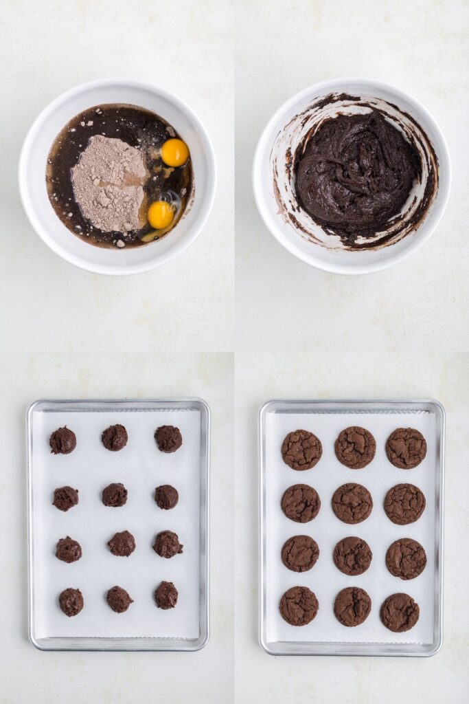 A four-step image series of making chocolate cookies: mixing ingredients in a bowl, forming dough, placing dough balls on a baking sheet, and baked cookies on the sheet.