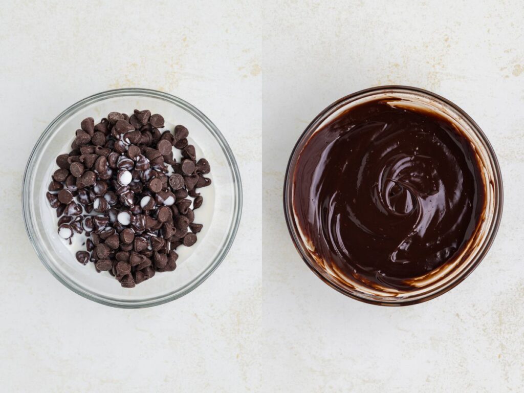 Two images: On the left, a clear bowl with chocolate chips and cream. On the right, the same bowl now with smooth, melted chocolate ganache. Both are on a light, textured surface.