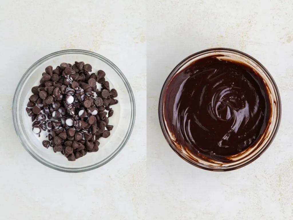 Two images: On the left, a clear bowl with chocolate chips and cream. On the right, the same bowl now with smooth, melted chocolate ganache. Both are on a light, textured surface.