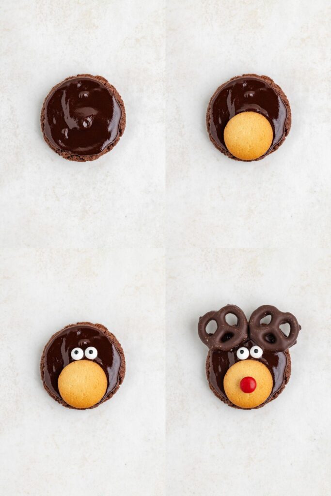 Step-by-step images of a cookie being decorated to resemble a reindeer. A chocolate cookie with a vanilla wafer for the snout, candy eyes, a red candy nose, and two chocolate pretzels for antlers on a light background.