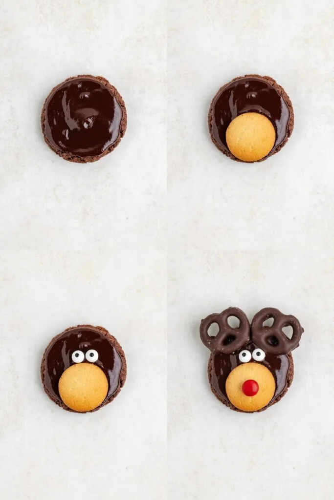 Step-by-step images of a cookie being decorated to resemble a reindeer. A chocolate cookie with a vanilla wafer for the snout, candy eyes, a red candy nose, and two chocolate pretzels for antlers on a light background.