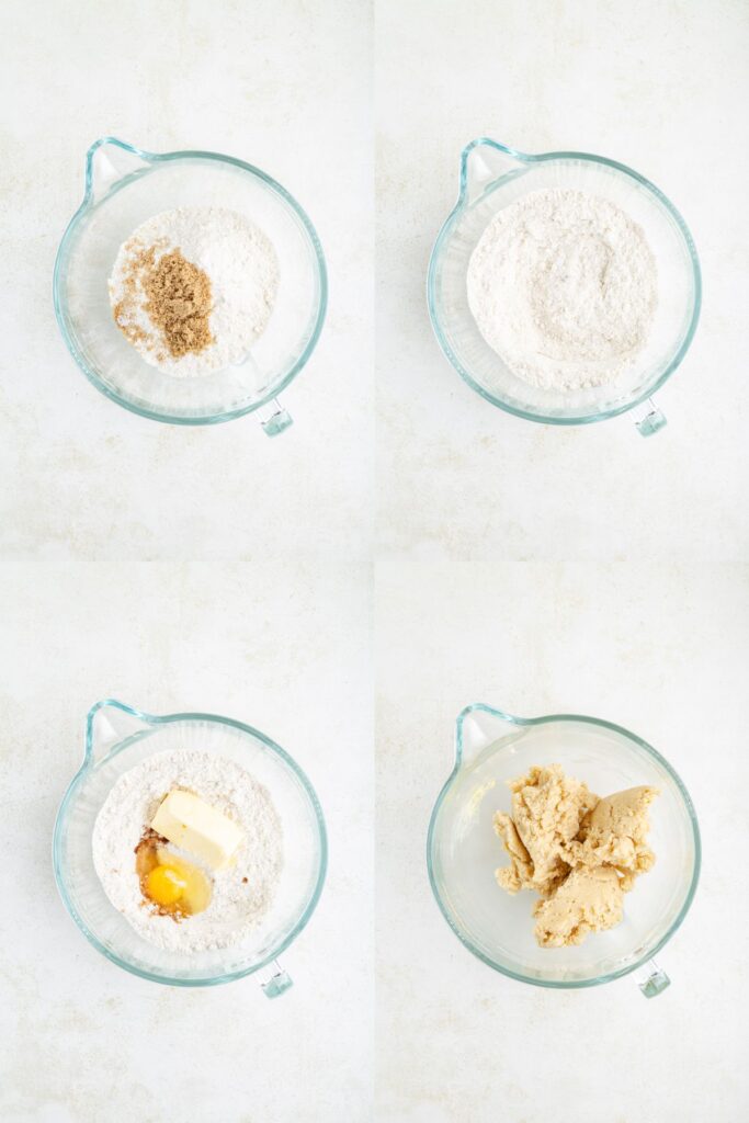 A four-step image collage: 1) Brown sugar on cookie mix in a bowl. 2) The mixture blended together. 3) An egg and butter added to the mix. 4) All ingredients mixed into a dough.