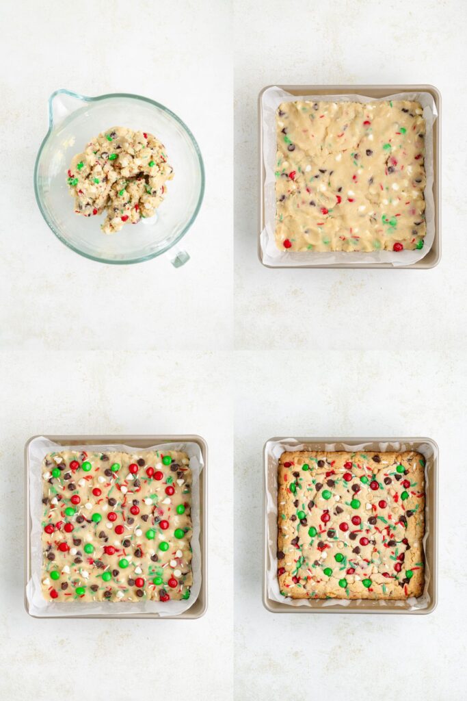 Four-step process of making cookie bars: top left shows dough with colorful candies in a mixing bowl; top right shows the dough spread in a baking pan; bottom left displays unbaked dough with candies; bottom right shows the baked cookie bars.