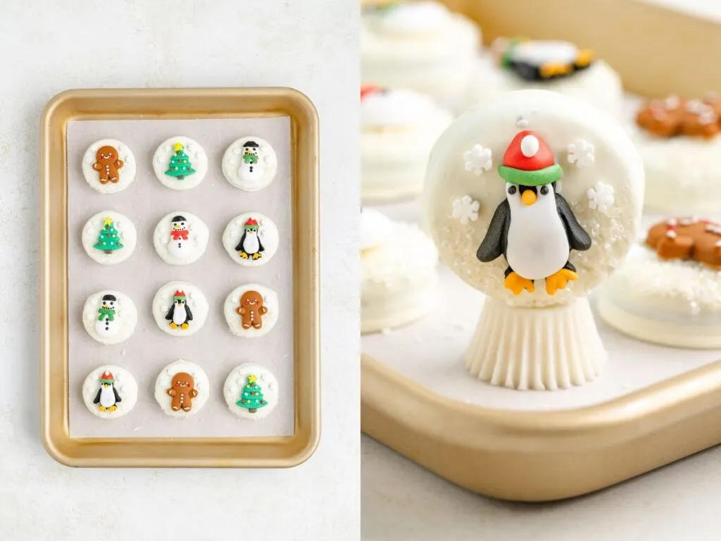 Left side: A baking tray with cookies decorated as gingerbread people, snowmen, Christmas trees, and penguins. Right side: A close-up of a cookie featuring a penguin wearing a red Santa hat. Cookies in the background on a tray.