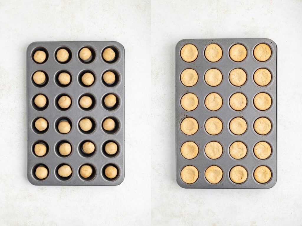 Two images side by side of a mini muffin tin. The left image shows unbaked dough balls in the tin. The right image shows the dough balls baked and expanded, filling the tins molds. The background is a light-colored surface.