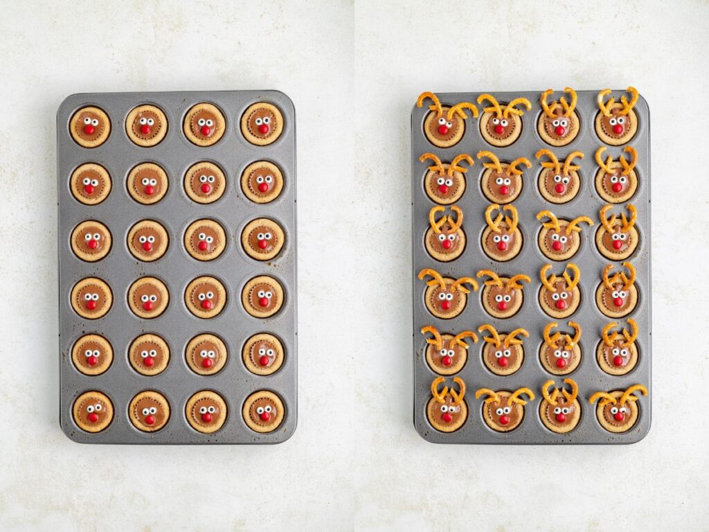 Two baking trays filled with holiday-themed treats. On the left, cookie cups with red noses and eyes. On the right, the same treats made into reindeer faces with added pretzel antlers and red candy noses.