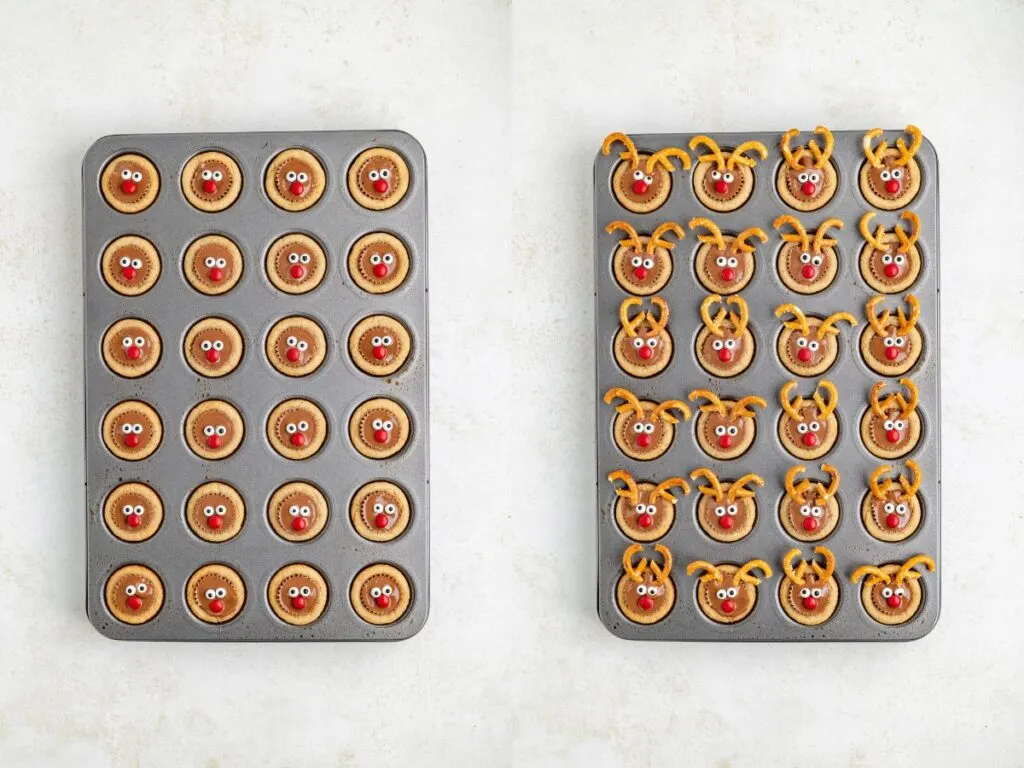 Two baking trays filled with holiday-themed treats. On the left, cookie cups with red noses and eyes. On the right, the same treats made into reindeer faces with added pretzel antlers and red candy noses.