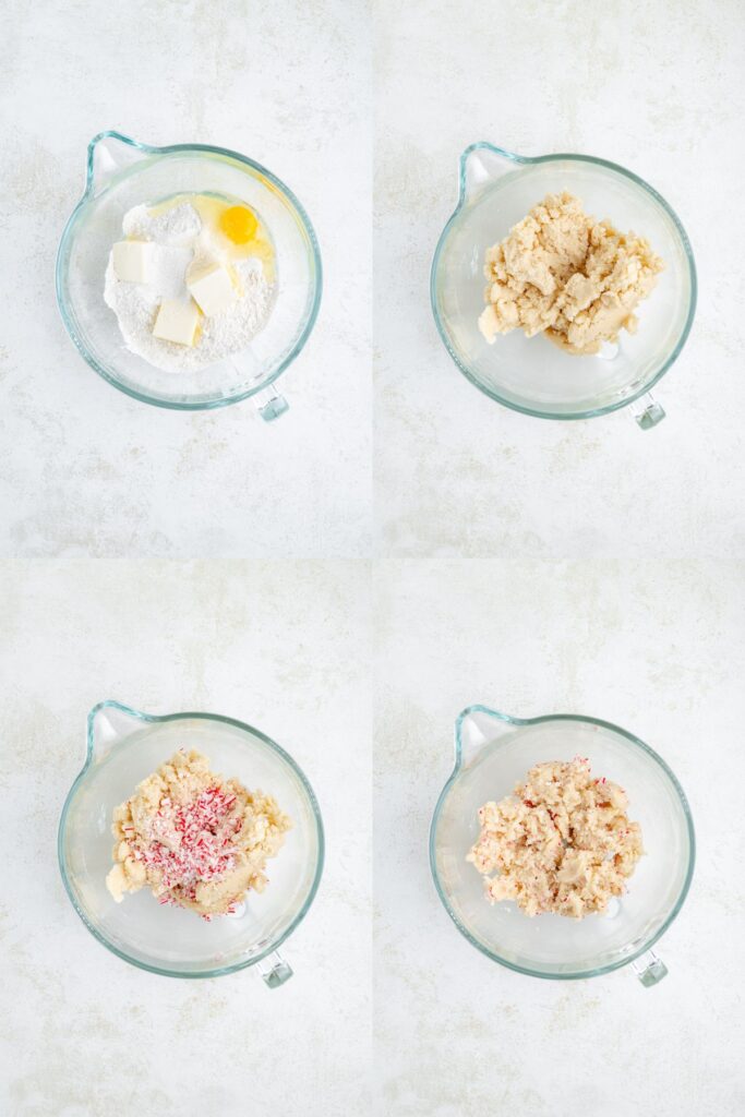 Four images showing steps to make cookie dough: 1) Ingredients including cookie mix, butter, and egg in a bowl. 2) Mixed dough. 3) crushed candy canes being added. 4) Final mixed dough with a marbled red and white appearance.