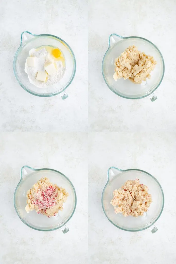 Four images showing steps to make cookie dough: 1) Ingredients including cookie mix, butter, and egg in a bowl. 2) Mixed dough. 3) crushed candy canes being added. 4) Final mixed dough with a marbled red and white appearance.