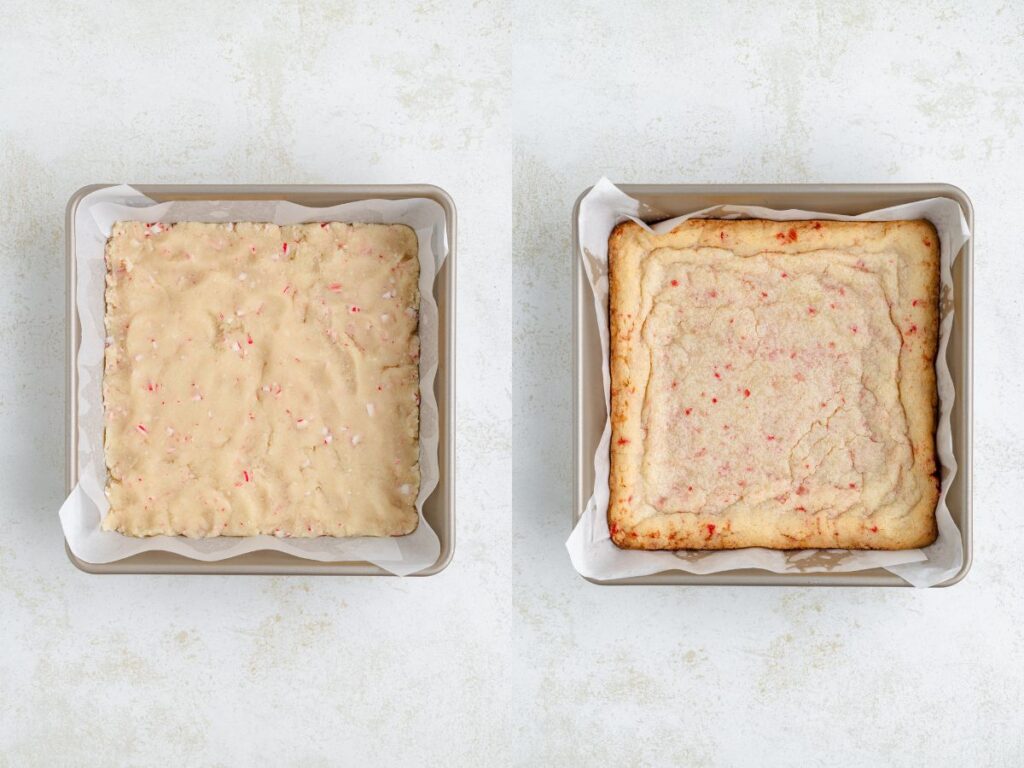 Two square baking pans on a light surface. The left pan contains unbaked cookie dough with red bits, and the right pan shows the baked result, a golden cookie with slightly visible red specks. Both are lined with parchment paper.