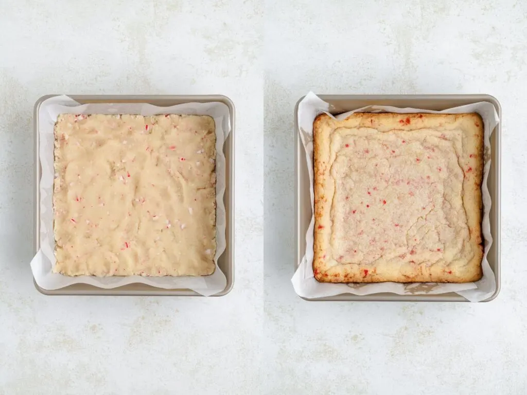 Two square baking pans on a light surface. The left pan contains unbaked cookie dough with red bits, and the right pan shows the baked result, a golden cookie with slightly visible red specks. Both are lined with parchment paper.