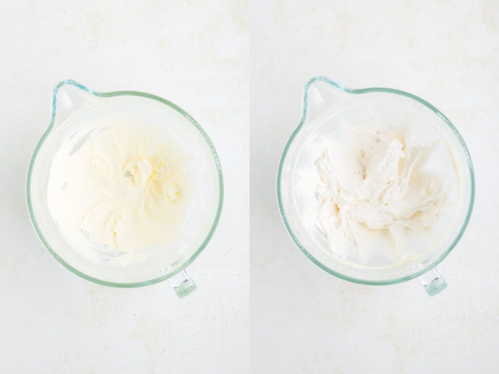 Two glass bowls on a white surface. The left bowl contains smooth, creamy butter, while the right bowl holds fluffy buttercream.