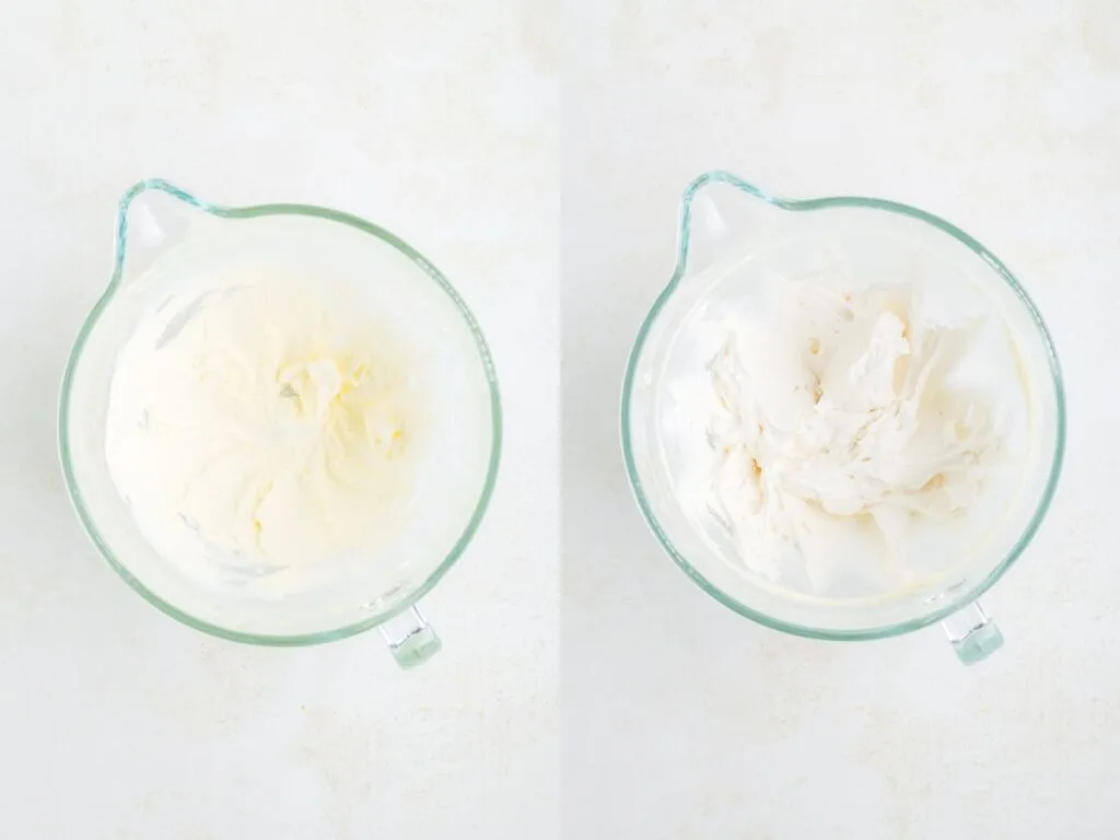 Two glass bowls on a white surface. The left bowl contains smooth, creamy butter, while the right bowl holds fluffy buttercream.