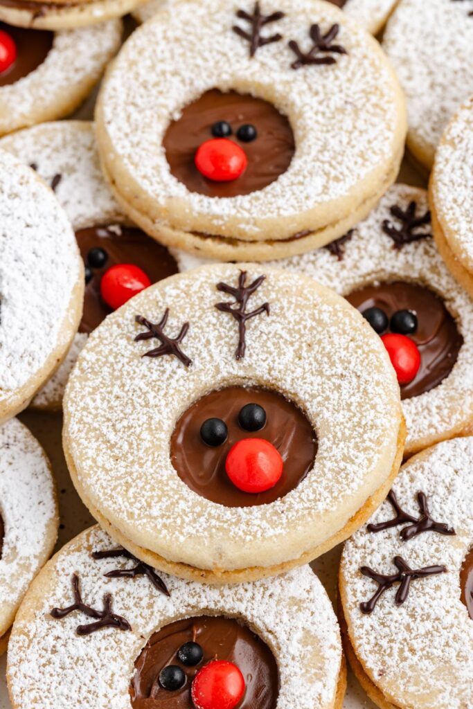 A close-up of reindeer linzer cookies decorated with powdered sugar and chocolate, designed to look like reindeer faces. Each cookie has chocolate antlers and a red candy nose, with two small black candy eyes.