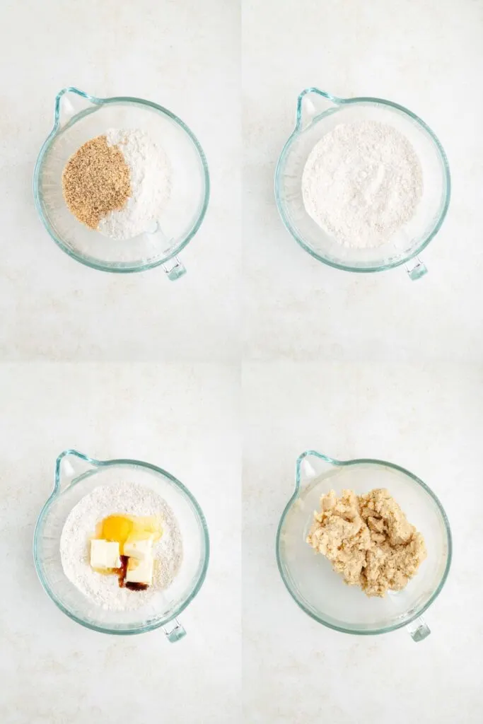 Four images showing stages of mixing ingredients in a glass bowl: dry ingredients with hazelnuts, dry ingredients mixed, egg and butter added, and mixed into a dough texture.