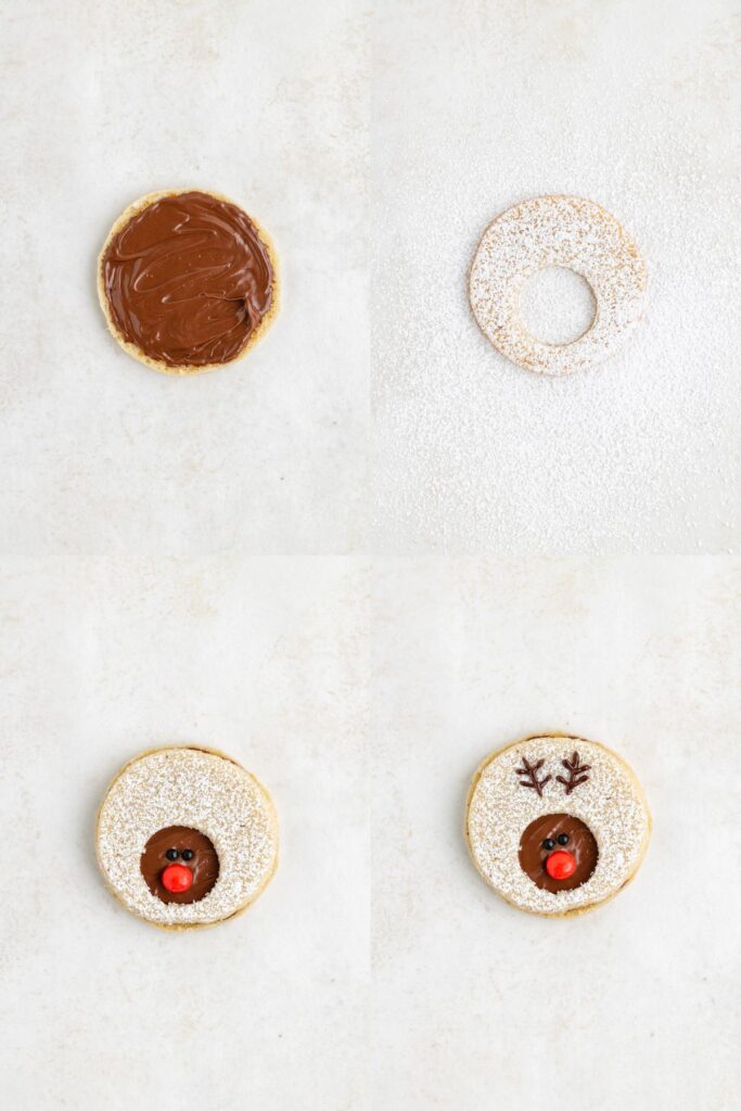 Step-by-step process of making a reindeer cookie. Top left: Cookie with hazelnut spread. Top right: Sugar-dusted cookie with a hole. Bottom left: Cookie layers with a red candy for the nose. Bottom right: Completed reindeer cookie with eyes and antlers.