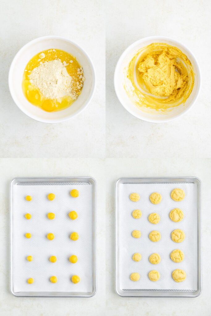 Four-step process of making cookies: 1) Ingredients in a bowl: cake mix, eggs, butter; 2) Mixed yellow dough; 3) Small dough balls on a baking sheet; 4) Baked cookies on the sheet, golden and round.