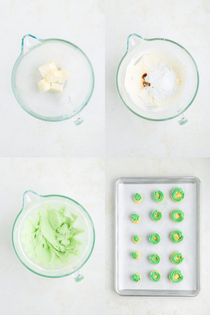 A step-by-step process for making green frosting for the cookies: 1) butter in a bowl, 2) added sugar and vanilla, 3) mixed green dough, 4) piped swirls on the cookies on a baking sheet.