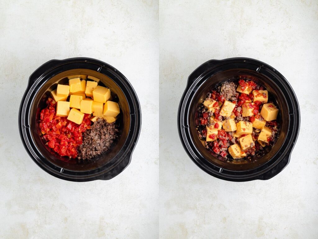 Two slow cookers side by side. Left: Uncooked ingredients including cubed cheese, ground meat, and diced tomatoes. Right: Ingredients mixed together in a slow cooker. Both sit on a white surface.