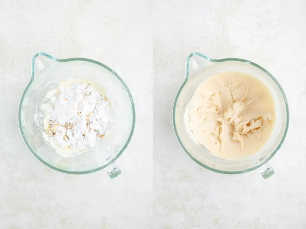 Side-by-side images of a mixing bowl. Left: Butter, powdered sugar, Baileys, and vanilla extract. Right: Smooth, creamy buttercream after blending. Both bowls placed on a light surface.