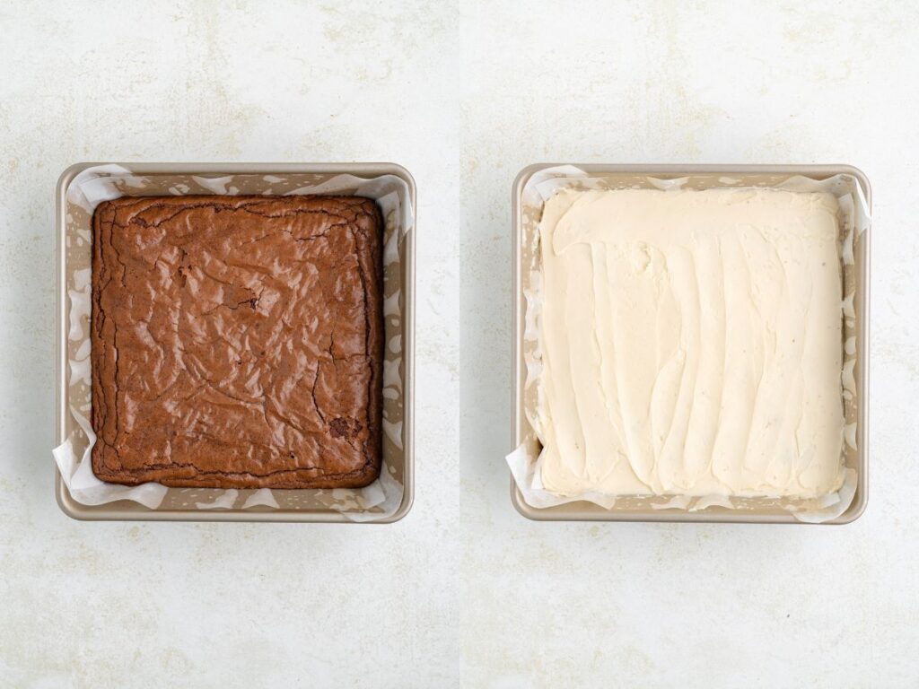 Two square baking pans side by side. The left pan holds a baked brownie with a crackled surface. The right pan has a layer of smooth Baileys frosting spread over the same brownie base. Both on a light background.