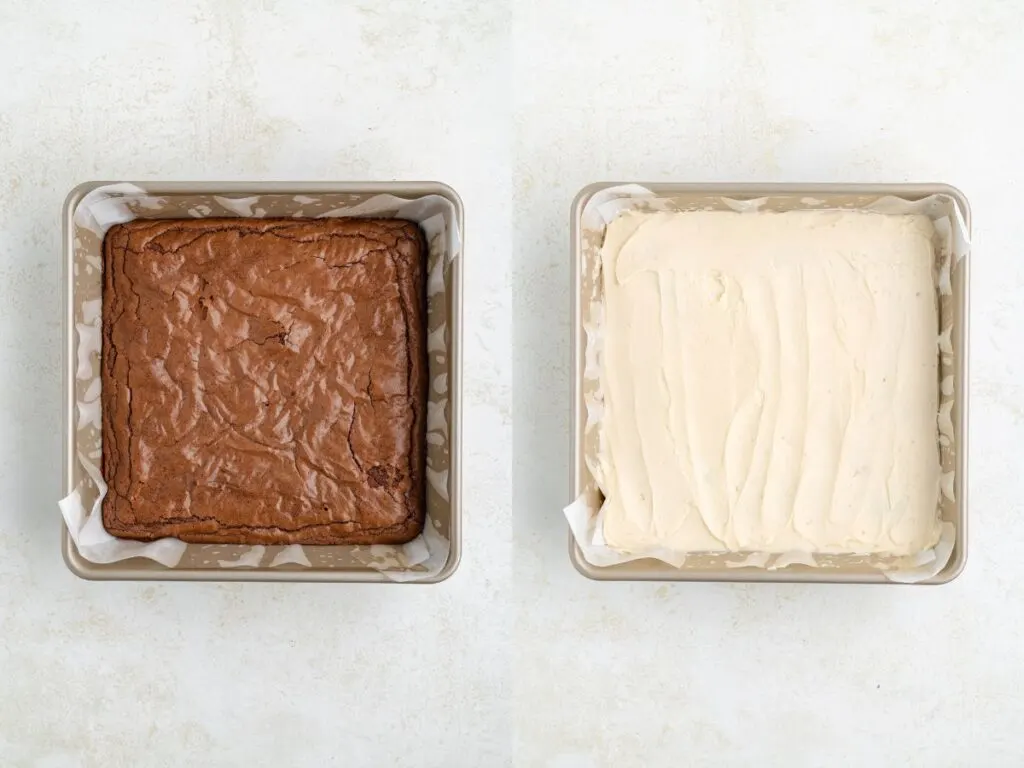 Two square baking pans side by side. The left pan holds a baked brownie with a crackled surface. The right pan has a layer of smooth Baileys frosting spread over the same brownie base. Both on a light background.