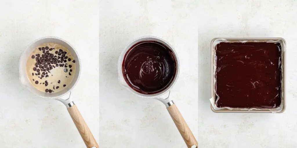 Three panels showing the process of making chocolate ganache: the first has cream and chocolate chips in a saucepan, the second shows the melted mixture, and the third displays the smooth ganache spread in a square baking pan.