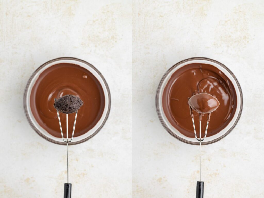 A two-paneled image: the left panel shows a fork holding an Oreo truffle over a bowl of melted chocolate, and the right panel shows the truffle coated in chocolate.