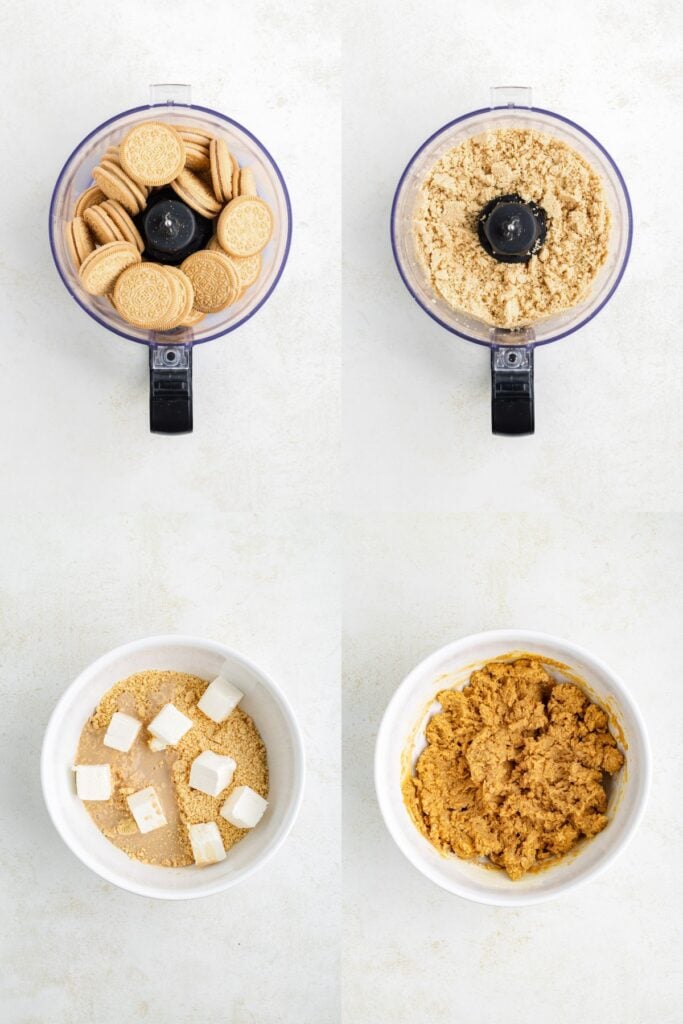 Four-step process: 1) Whole golden sandwich cookies in a food processor, 2) Crushed cookies in the processor, 3) Crumbs mixed with cream cheese and Baileys in a bowl, 4) Combined mixture forming a dough in the bowl.