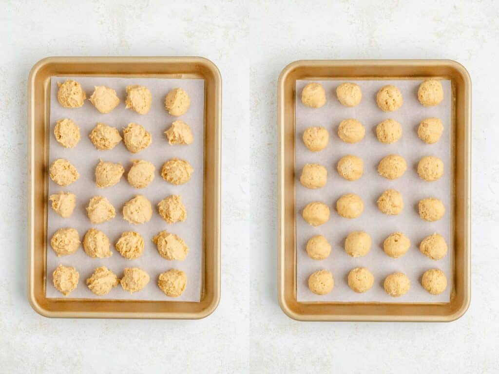 Two baking trays are shown side by side on a light surface. The left tray has 20 uneven mounds of dough, while the right tray has 20 evenly shaped, smooth balls of dough. Both trays are lined with parchment paper.