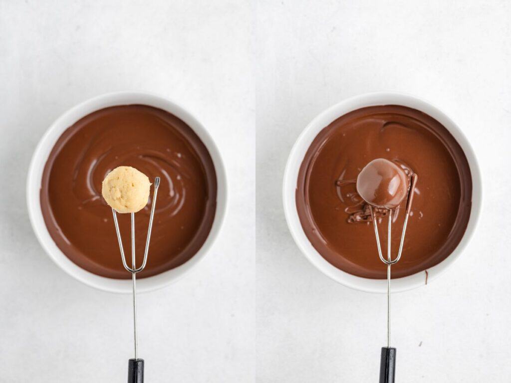 Two images side by side of a bowl of melted chocolate. Left: A plain truffle dough ball on a dipping tool above the chocolate. Right: The same tool with the dough ball now coated in chocolate.