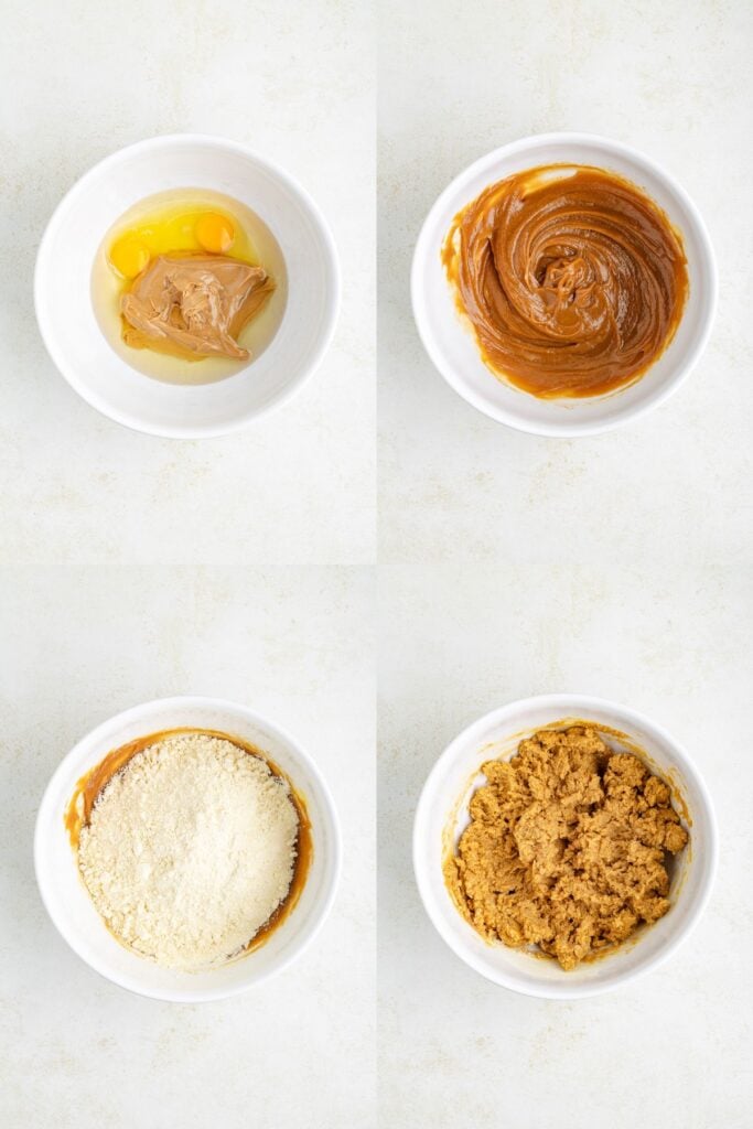 Four images show stages of making cookie dough in a white bowl. Top left: eggs, oil, and peanut butter. Top right: mixture blended smooth. Bottom left: cake mix added. Bottom right: dough fully combined.