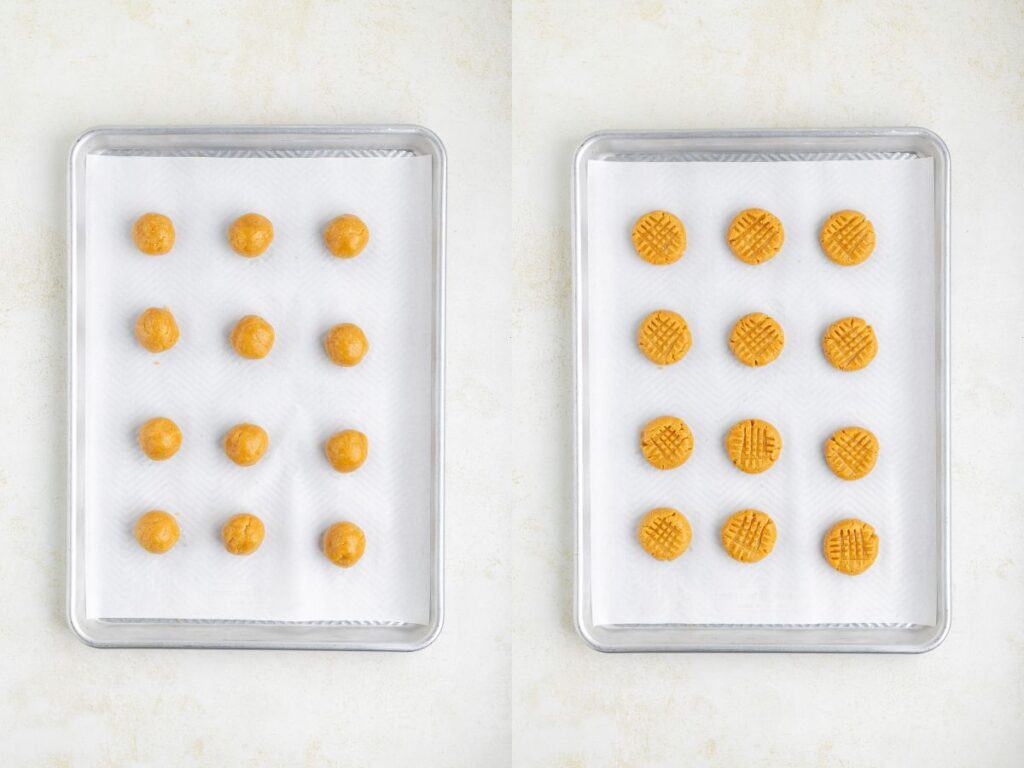 Two side-by-side images of baking sheets. The left shows round cookie dough balls on parchment paper. The right shows the same cookies flattened with a crisscross fork pattern, ready for baking.