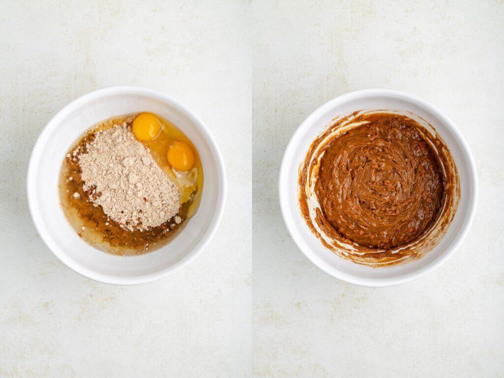 Two white bowls side by side: the left shows eggs, cake mix, and oil; the right shows the mixed cookie batter.