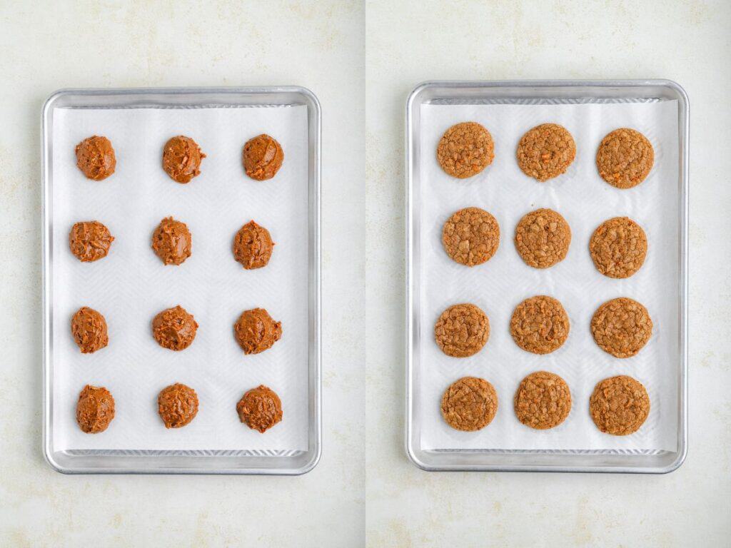 Two baking trays with cookies on parchment paper: left tray shows unbaked dough balls, right tray shows baked cookies.